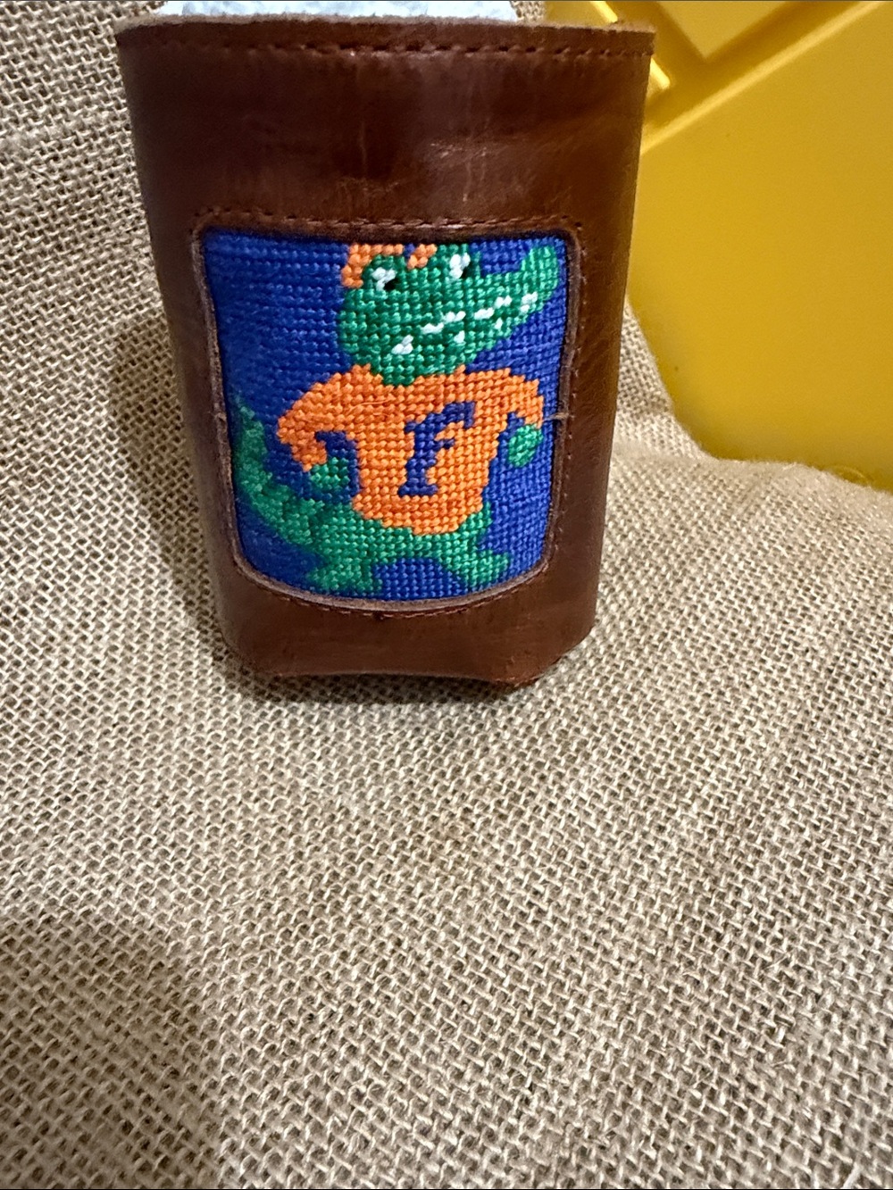 Smothers & Branson  Leather Cup Sleeve with Florida Gators  Needlepoint Patch